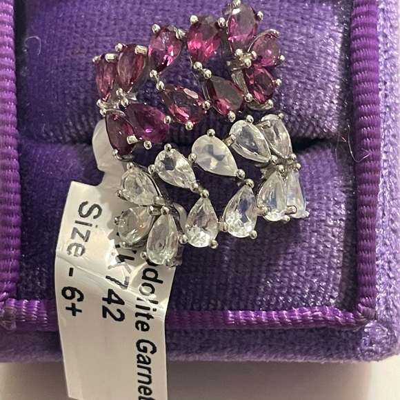 Imported 925 Genuine Natural Rhodolite Garnet & Rainbow Moonstone Wrap Sz6 NWT - Picture 3 of 4